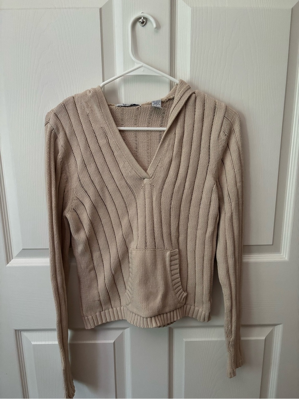 Women's Hooded V-Neck Knit Sweater - Cream